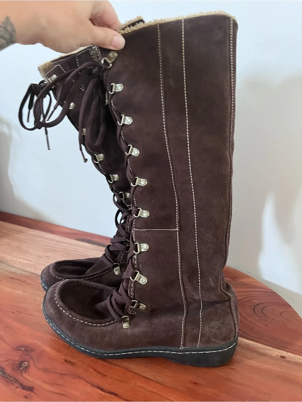 Timberland Women Brown Suede Lace Up Tall Winter Boots 8.5 64621 Shearling Lined
